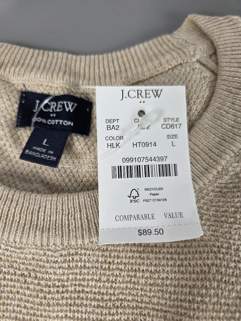 NWT J. Crew Men’s Cotton‎ seed-stitch crewneck sweater Large BEIGE